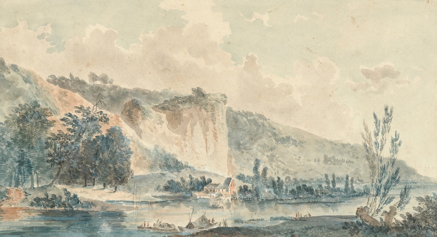 Louis Gabriel Moreau - A river landscape with cliffs