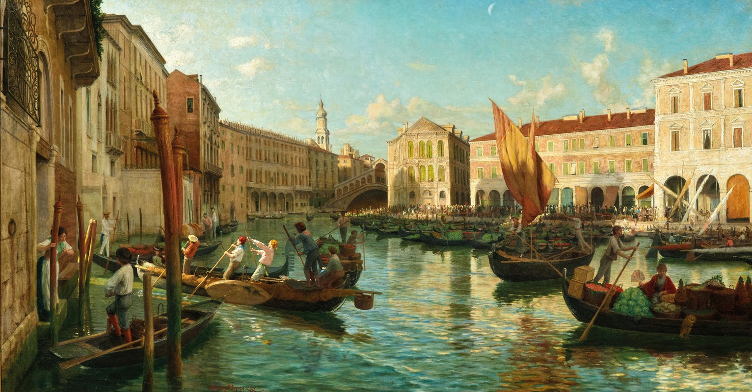 Luigi Ferrazzi - Venice, the Grand Canal with the Rialto Market in the Morning