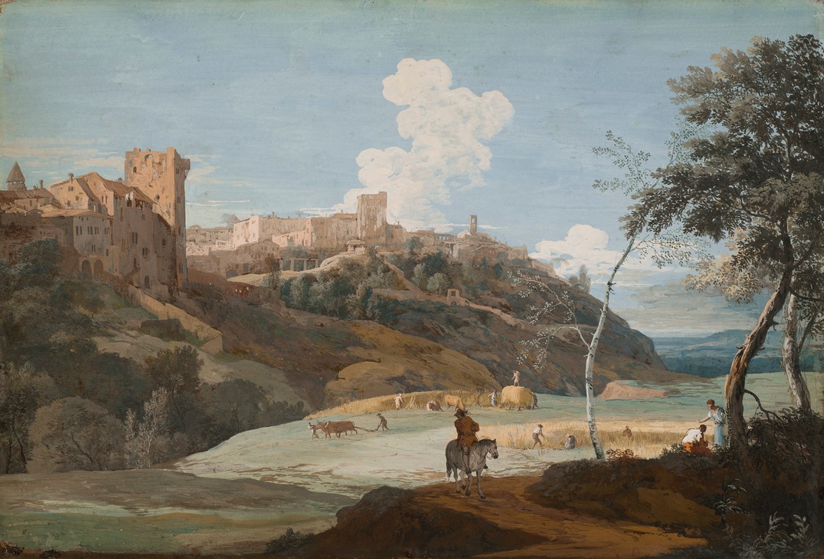 Marco Ricci - View of an Italian hilltown with a horseman and peasants laboring