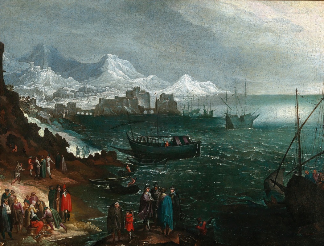 Martin Herman Faber - A harbour scene with numerous figures in winter
