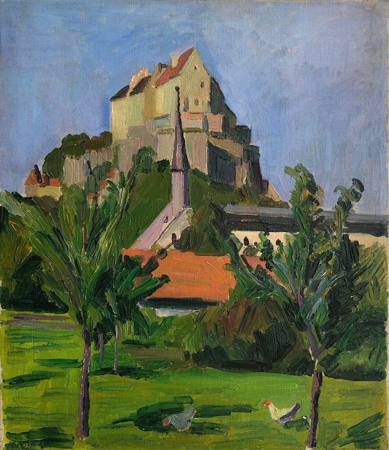 Otto Geigenberger - Burghausen – Garten mit Hühnern, im Hintergrund die Burganlage