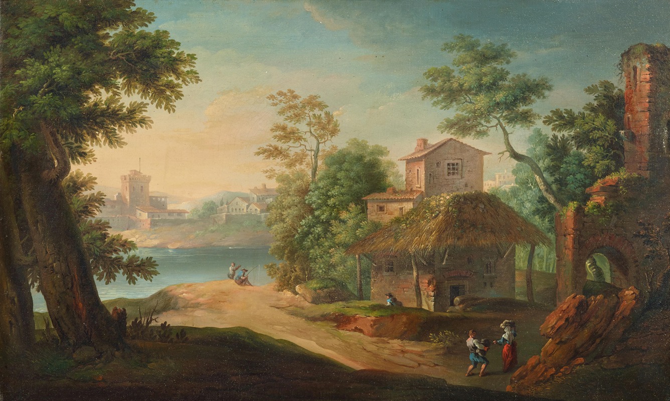 Paolo Anesi - A village by a river with anglers and peasants