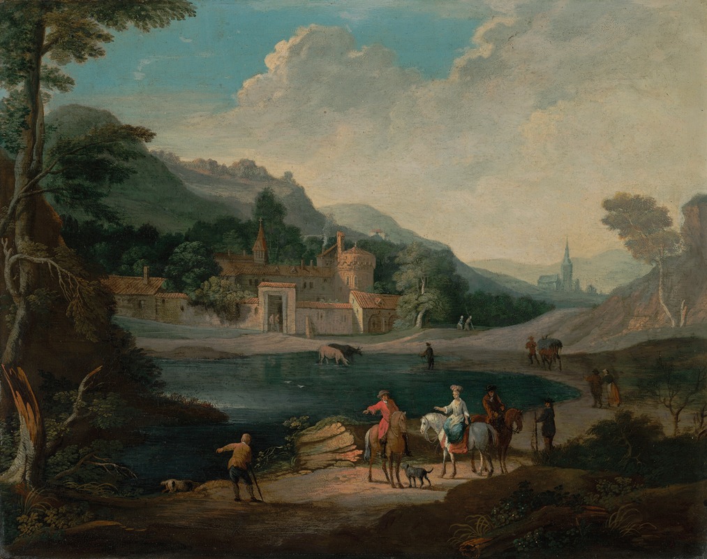 Pieter Bout - An elegant couple beside a lake