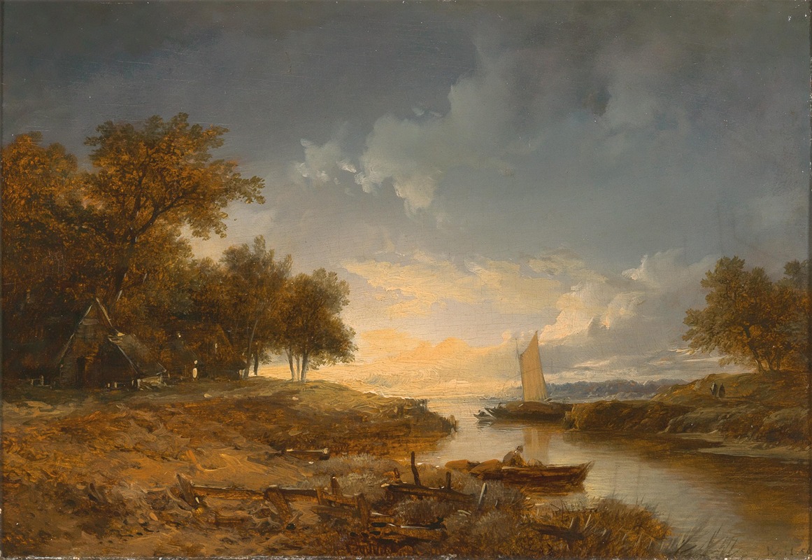 Remigius Adrianus van Haanen - A Dutch River Landscape in the Evening Light