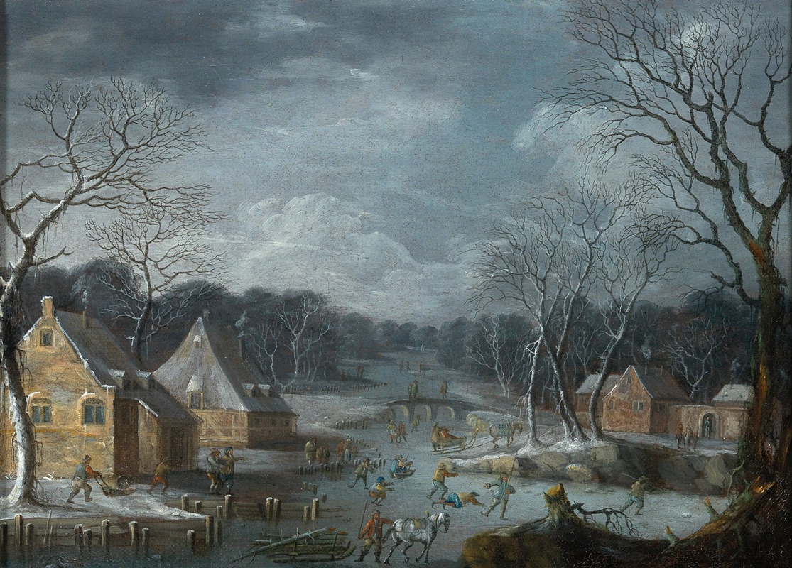 Robert Griffier - A winter landscape with skaters on the ice