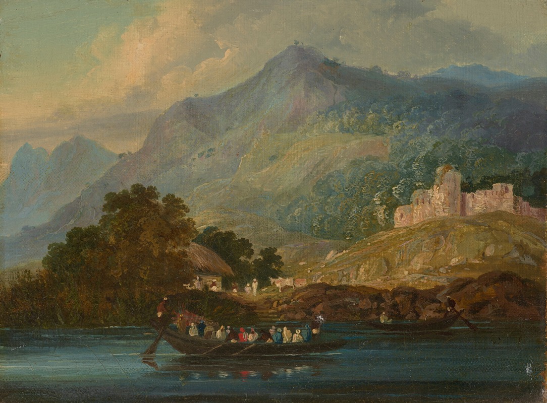 Sir Charles D'Oyly - Hilly landscape with figures in a boat on the river Ganges