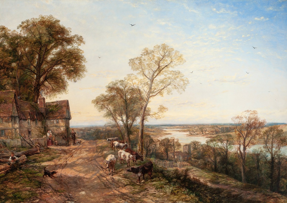Thomas Creswick - Riverscape with cottage and grazing cattle, near Bala, North Wales