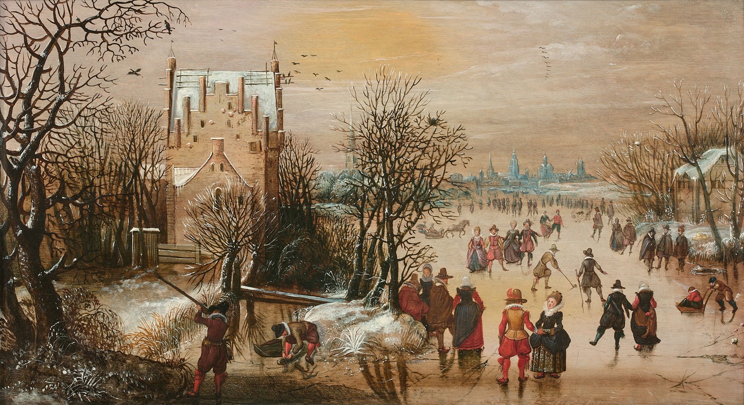 Adam van Breen - Paysage d’hiver avec patineurs et chasseurs, une ville dans le lointain