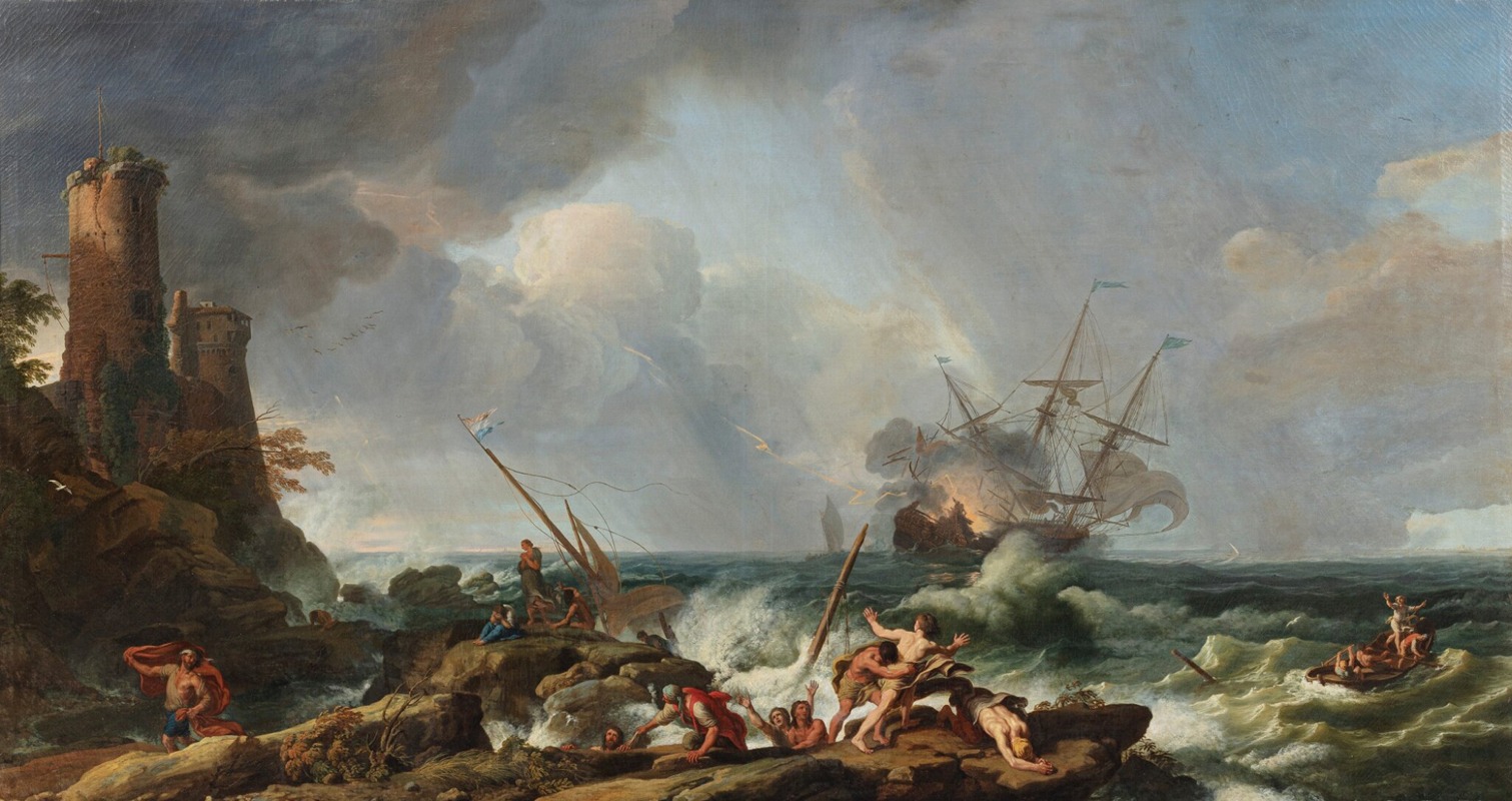 Adrien Manglard - A storm on a rocky coast