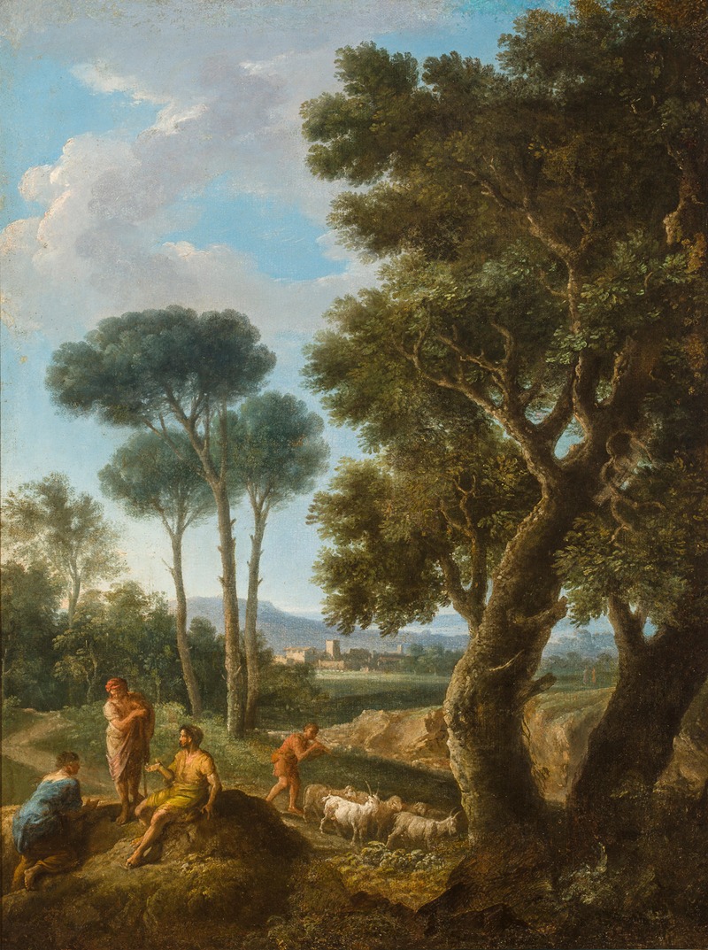 Andrea Locatelli - Goat herders in an Italianate landscape