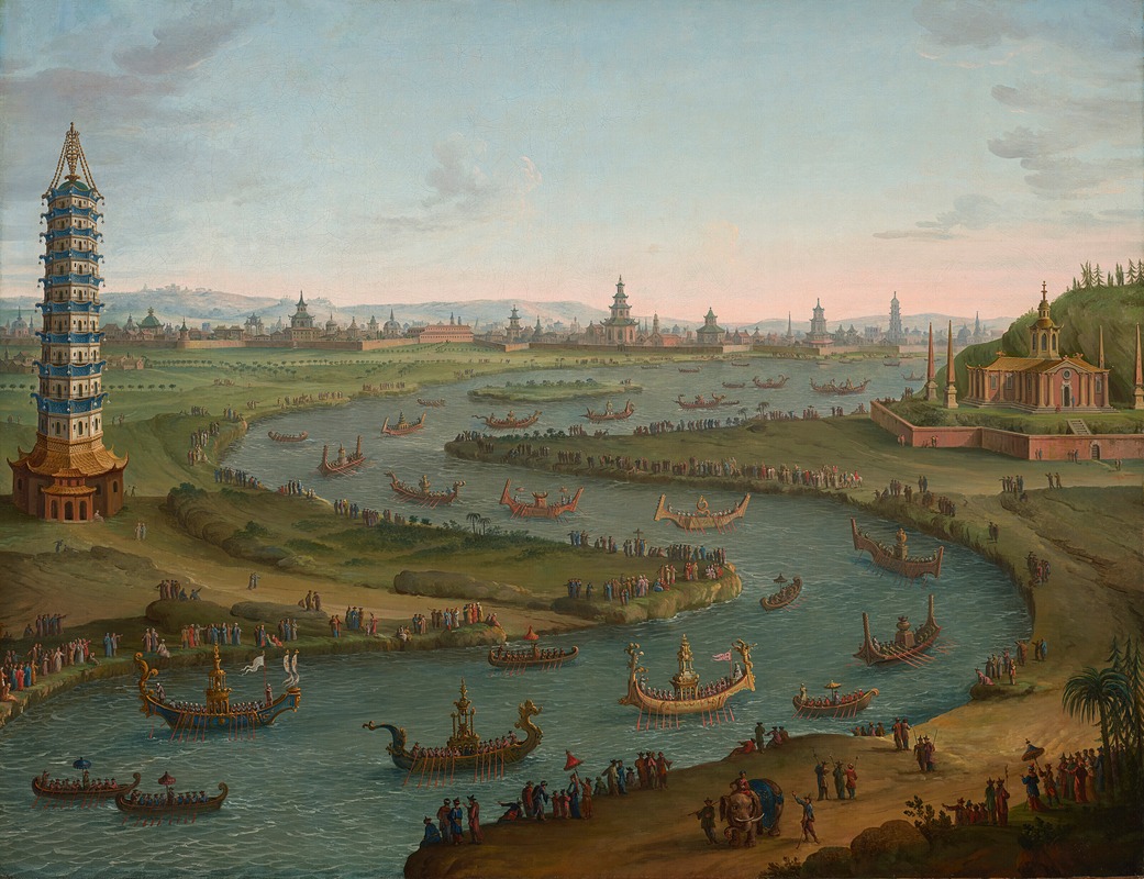 Antonio Joli - A capriccio with the French Ambassador approaching the King of Siam’s Palace in a state barge, in October 1685