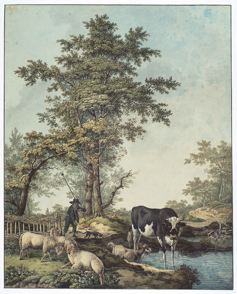 Barend Hendrik Thier - Herder met vee bij meertje