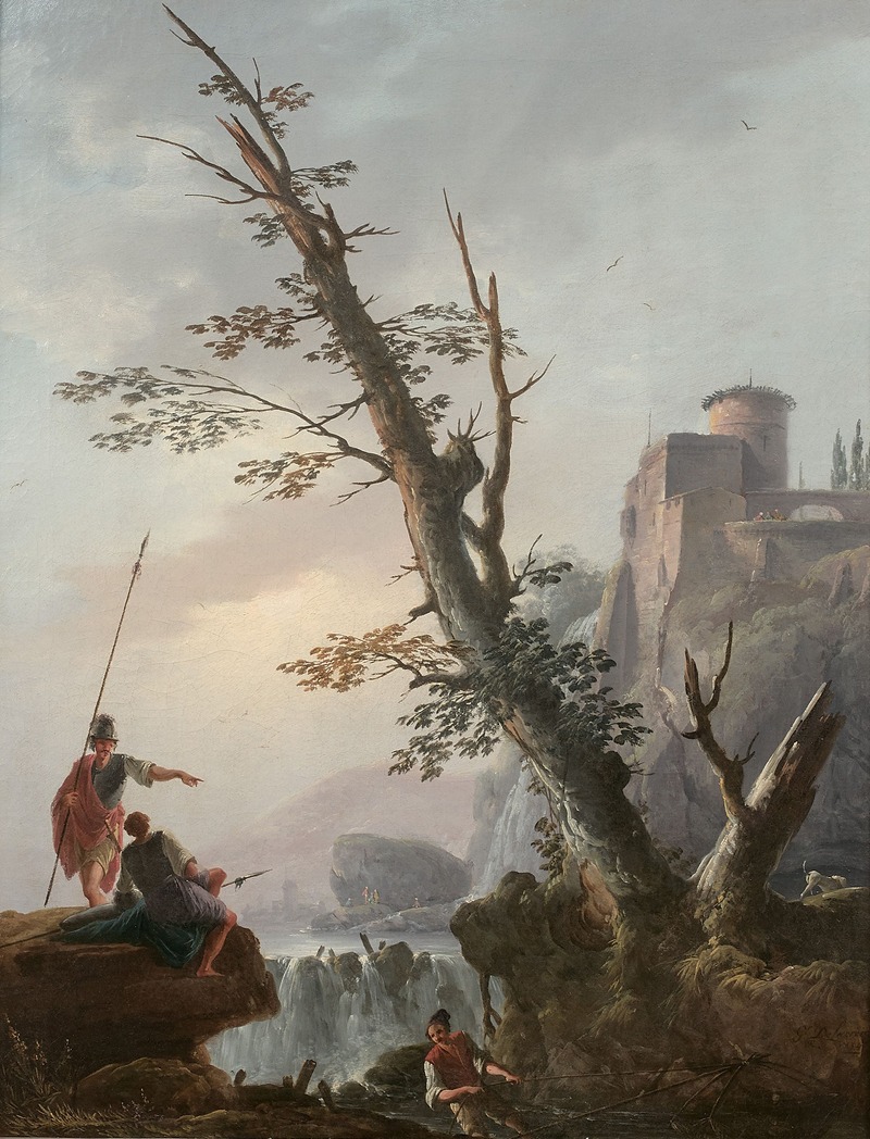 Charles François Daubigny - Soldats et pêcheurs dans un paysage de cascade