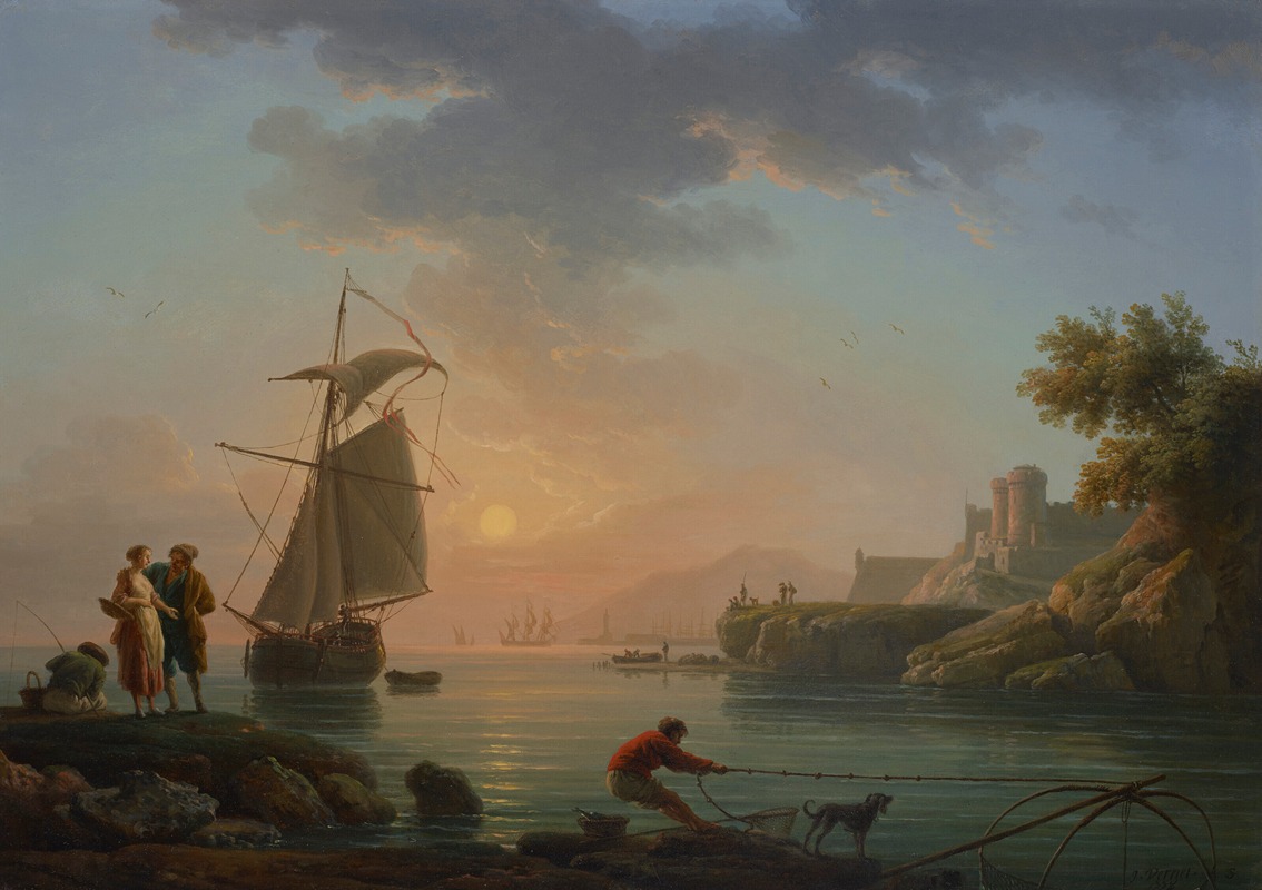 Claude-Joseph Vernet - Mediterranean port at sunset, with a fisherman in the foreground