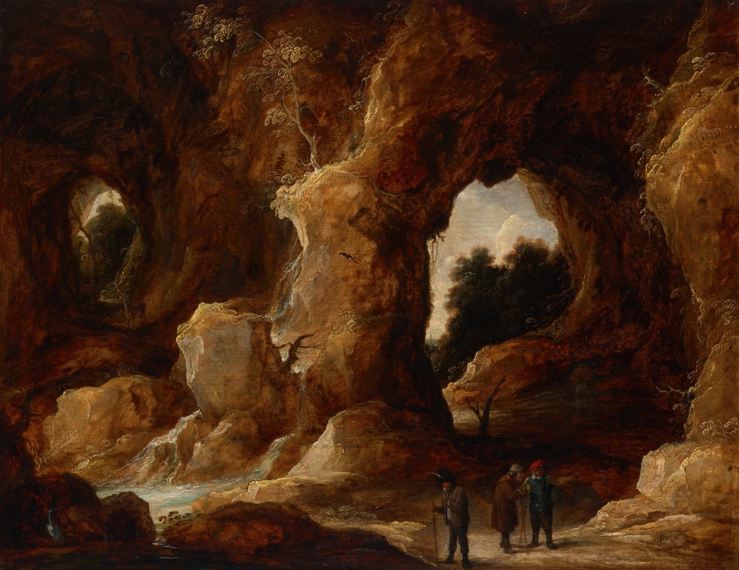 David Teniers The Younger - A grotto with figures, a stag and stork