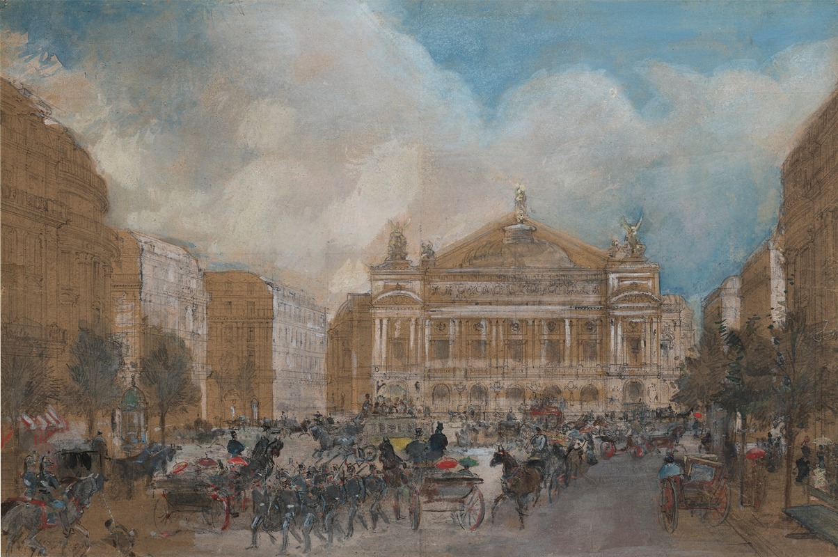 Edmond Morin - Calèches et soldats devant l’Opéra Garnier à Paris