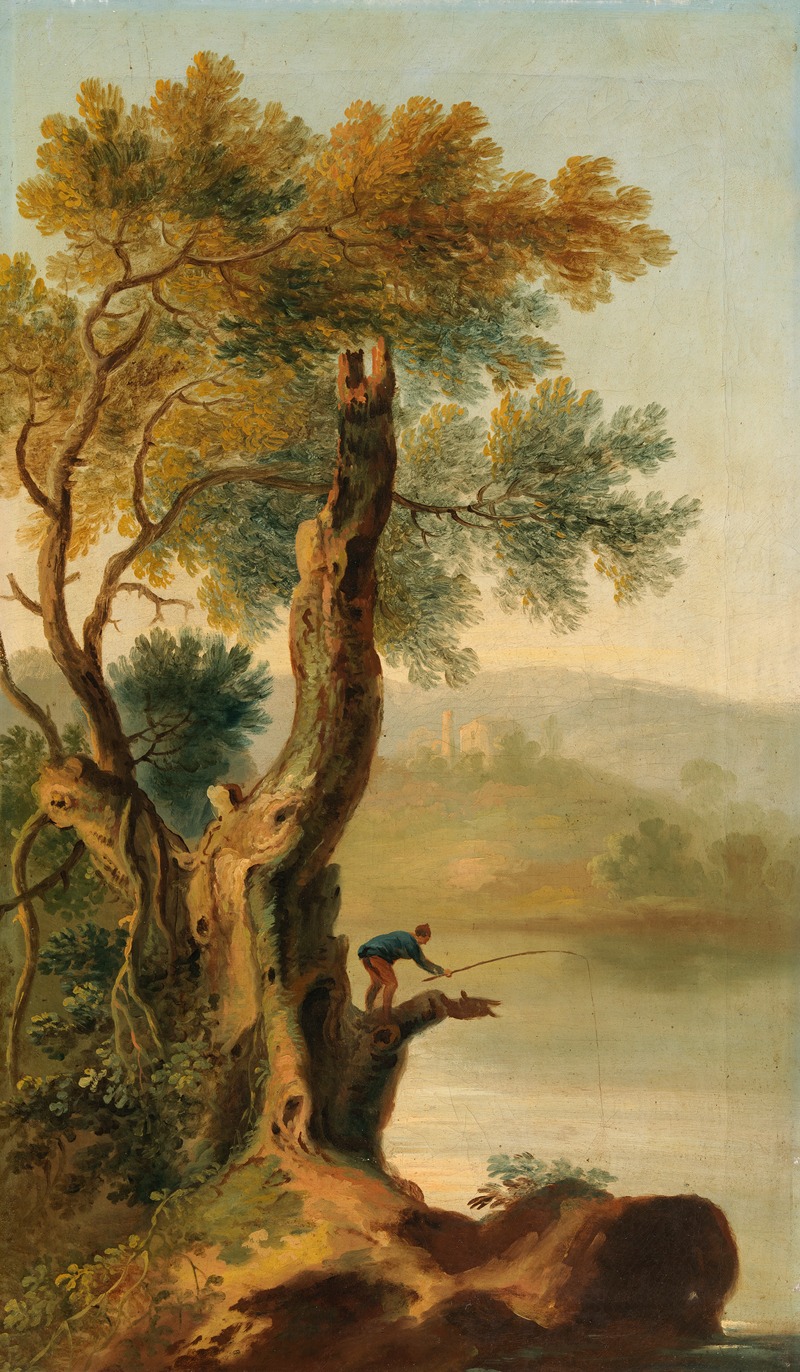A Boy Fishing in a Wooded River Landscape