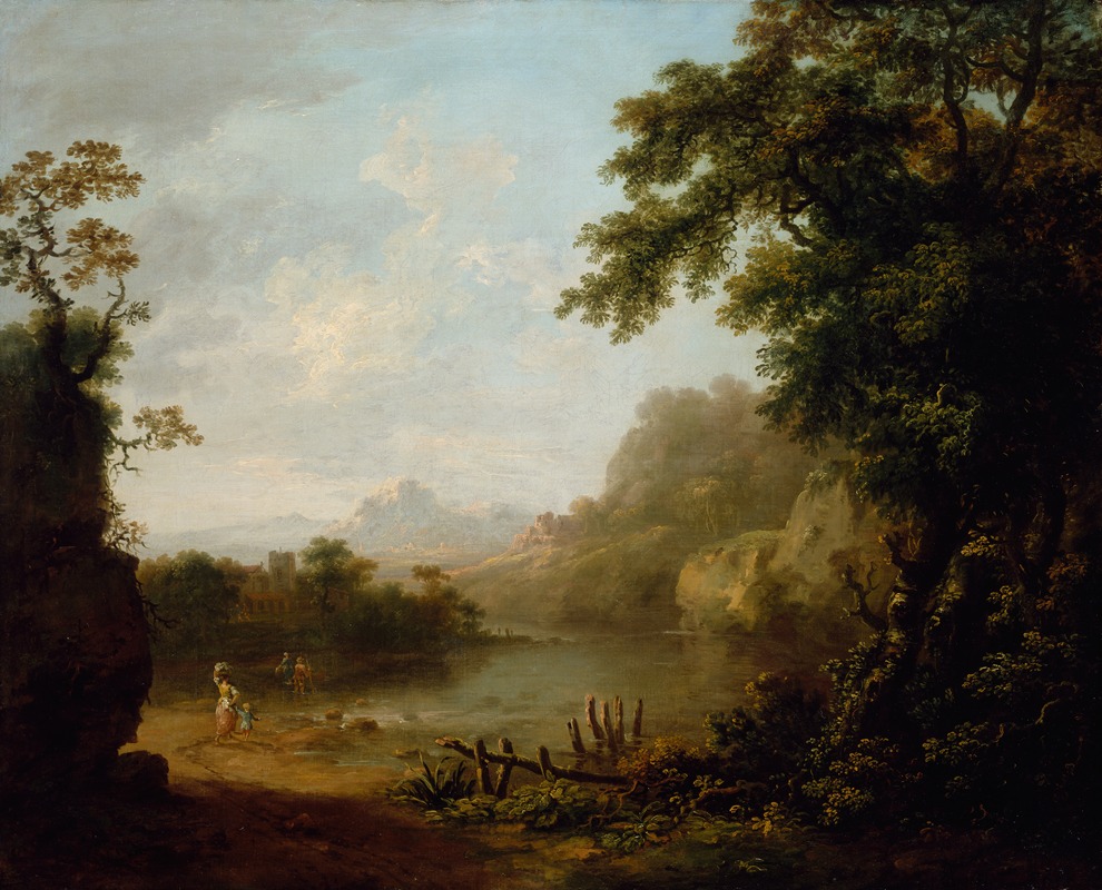 George Barret - An Italianate Wooded River Landscape with Figures