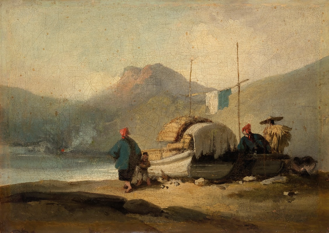 George Chinnery - Chinese Scene, Boats by Lake