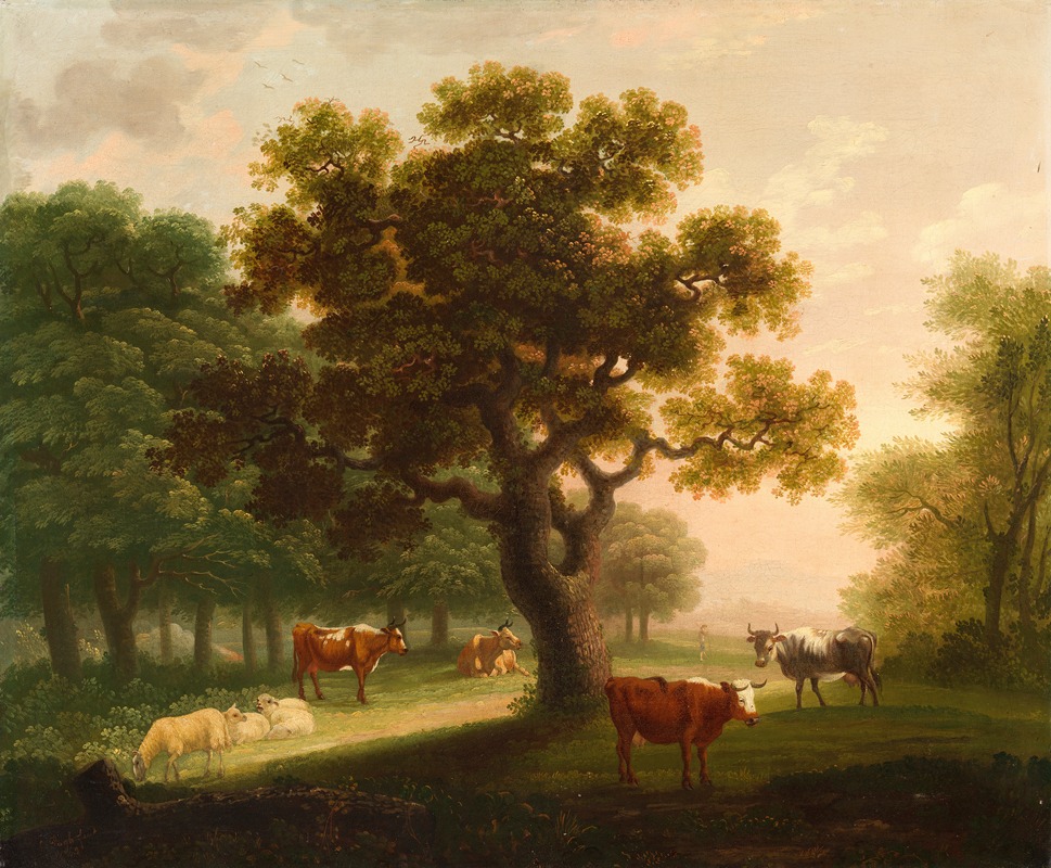 Herbert Pugh - Landscape with Cattle, Sheep and Distant Figure