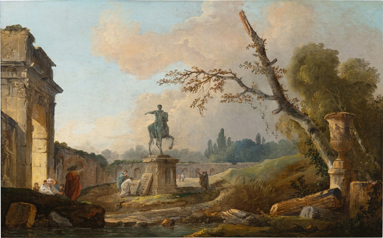 Hubert Robert - Landscape with ruins and the statue of Marcus Aurelius