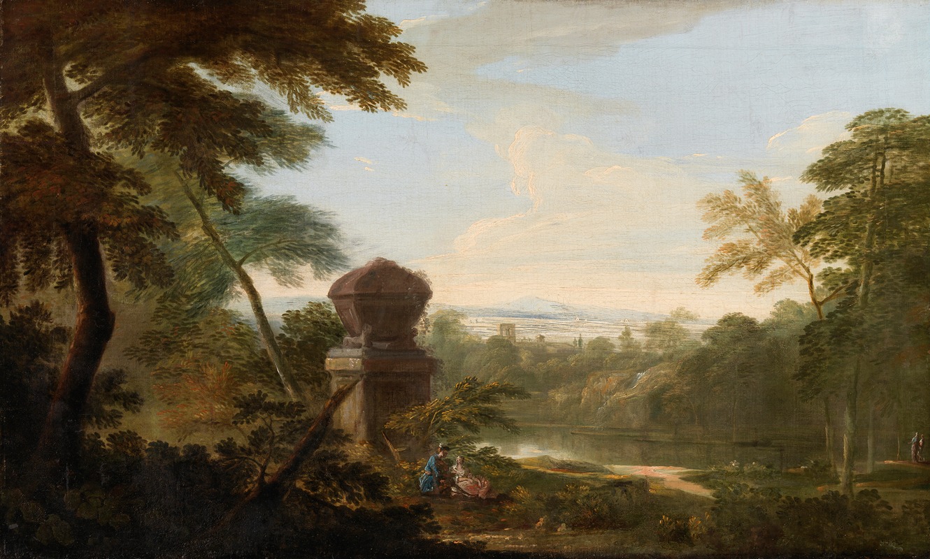 James Forrester - An Italianate Landscape with Figures by a Tomb