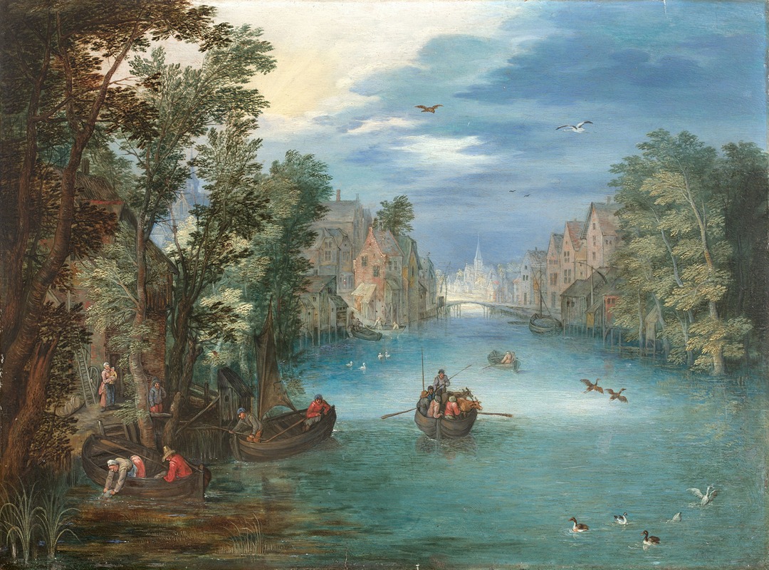 Jan Brueghel the Younger - Paysage fluvial animé de personnages