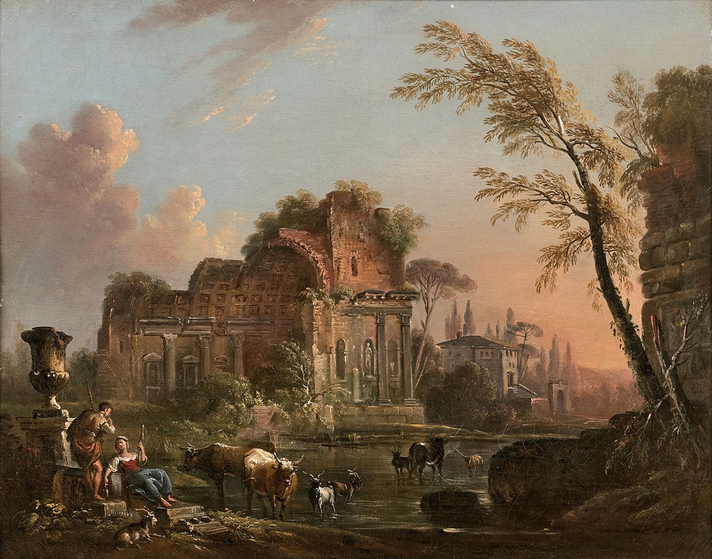Jean-Baptiste Lallemand - Bergers près de ruines antiques dans un paysage