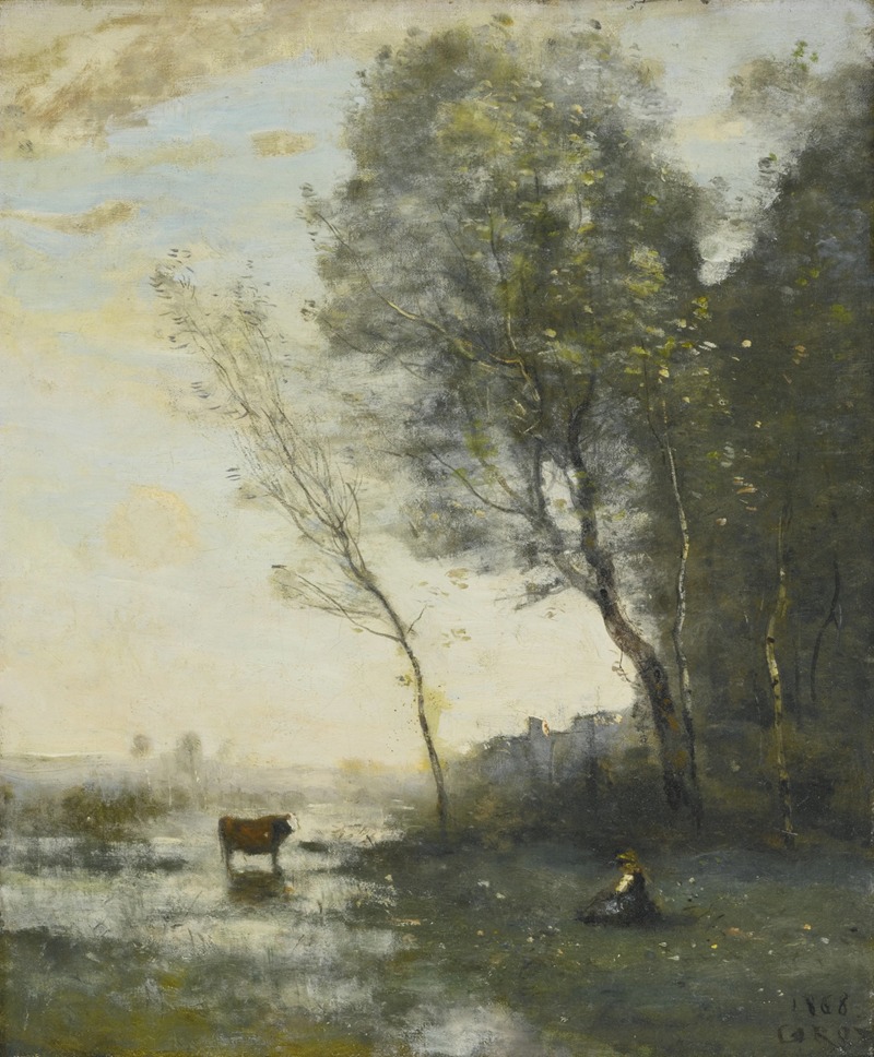 Jean-Baptiste-Camille Corot - Paysanne gardant une vache au bord de l’eau
