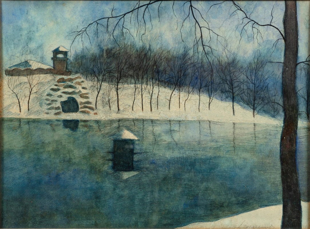 Léon Spilliaert - Le parc Léopold d’Ostende avec l’étang et le Trinkhall, sous la neige