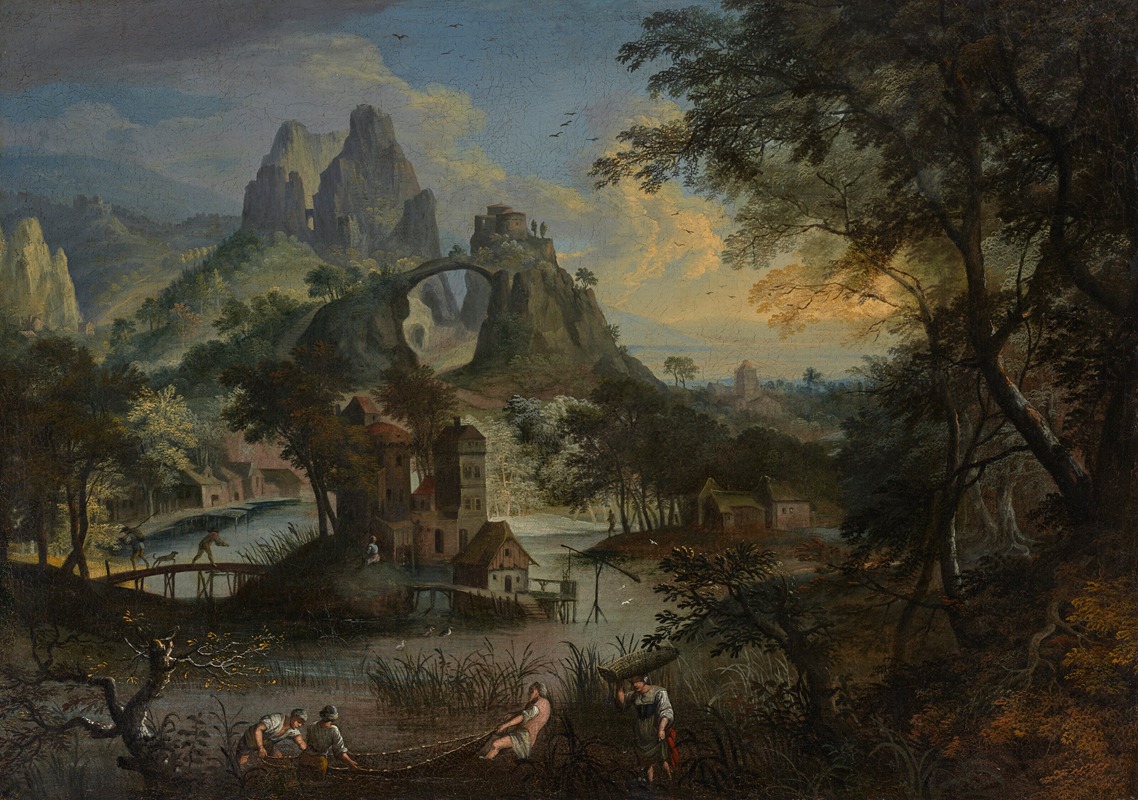 Lodewijk Toeput - Fishermen hauling in the catch in an extensive landscape, a village beyond