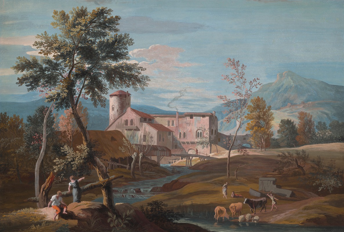 Marco Ricci - A man and a woman by a stream with a farmhouse in the background