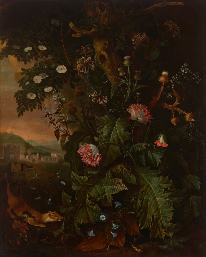 Matthias Withoos - A forest floor with a weasel, mouse, opium poppy and thistle, a view of Rome in the background