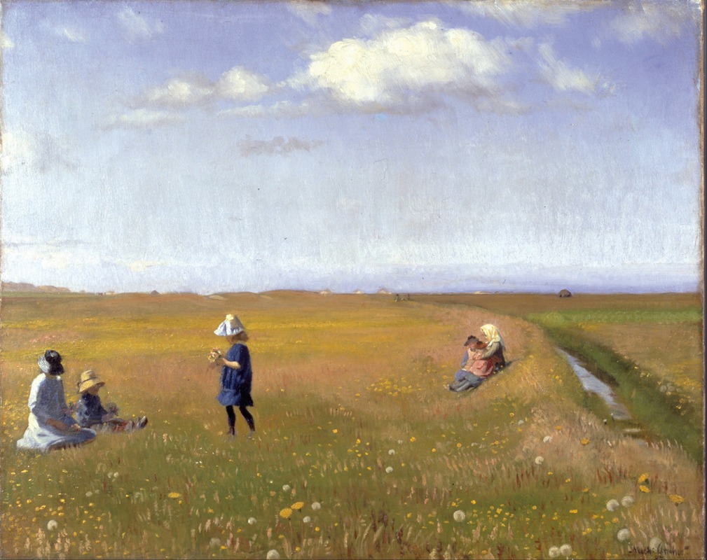 Michael Ancher - Children and young girls picking flowers in a field north of Skagen
