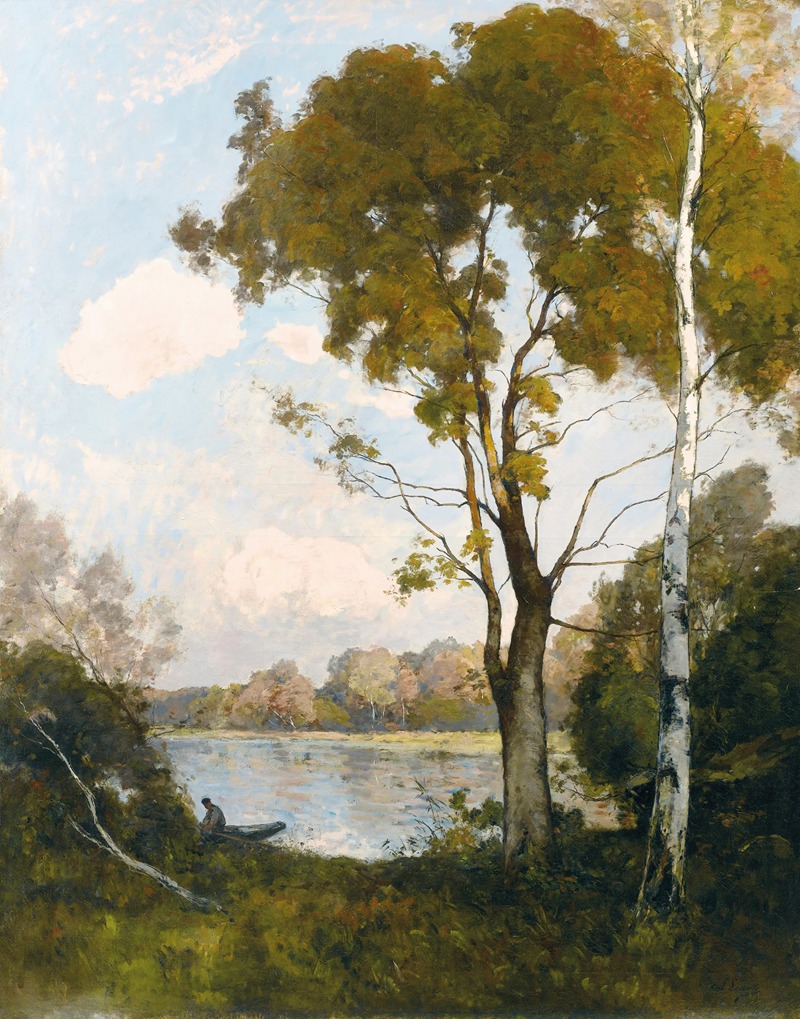 Paul Lecomte - Barque au soleil couchant, deux grands arbres à droite