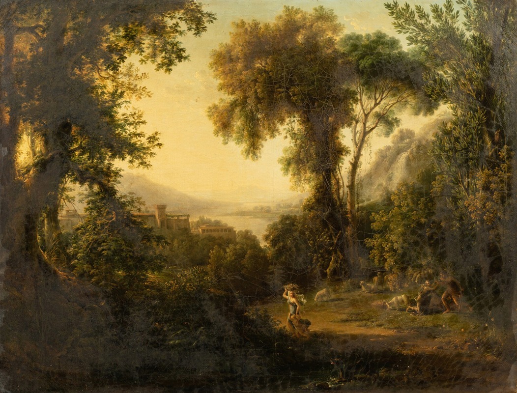 Pierre-Athanase Chauvin - Italianate landscape with shepherds afraid by a snake