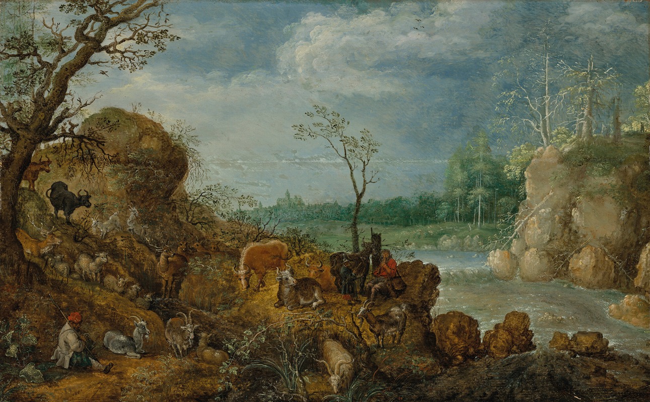Roelant Savery - A river landscape with shepherds making music among the animals