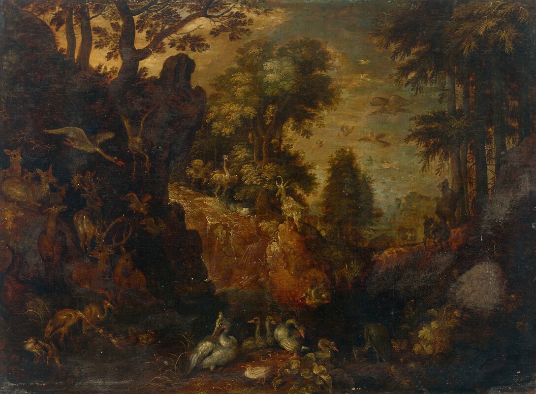 Roelant Savery - A rocky wooded landscape with birds, deer and other animals