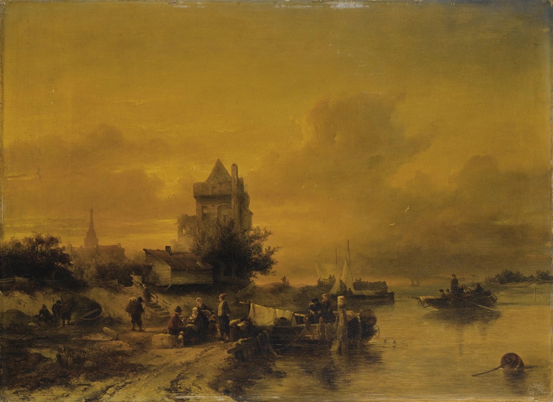 Salomon Leonardus Verveer - Scène animée au bord d’un fleuve en Hollande