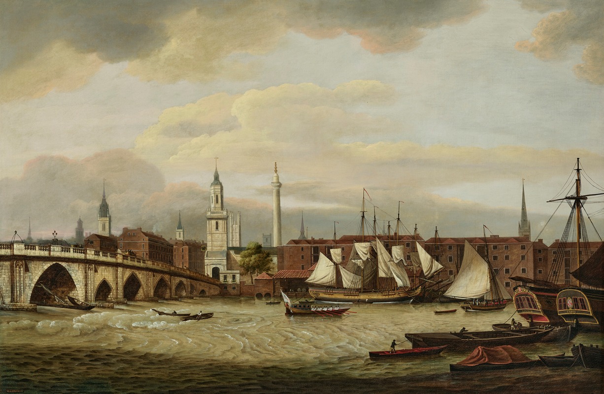 Thomas Luny - Merchant shipping at the wharfside below Old London Bridge, with the Church of St. Magnus the Martyr and Wren’s ‘Monument’
