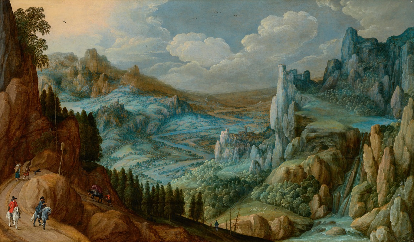 Tobias Verhaecht - An extensive mountainous landscape with travellers on a path