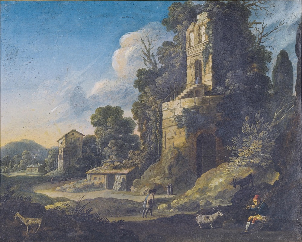 Bartholomeus Breenbergh - Italianate landscape with buildings and a herdsman playing pipes