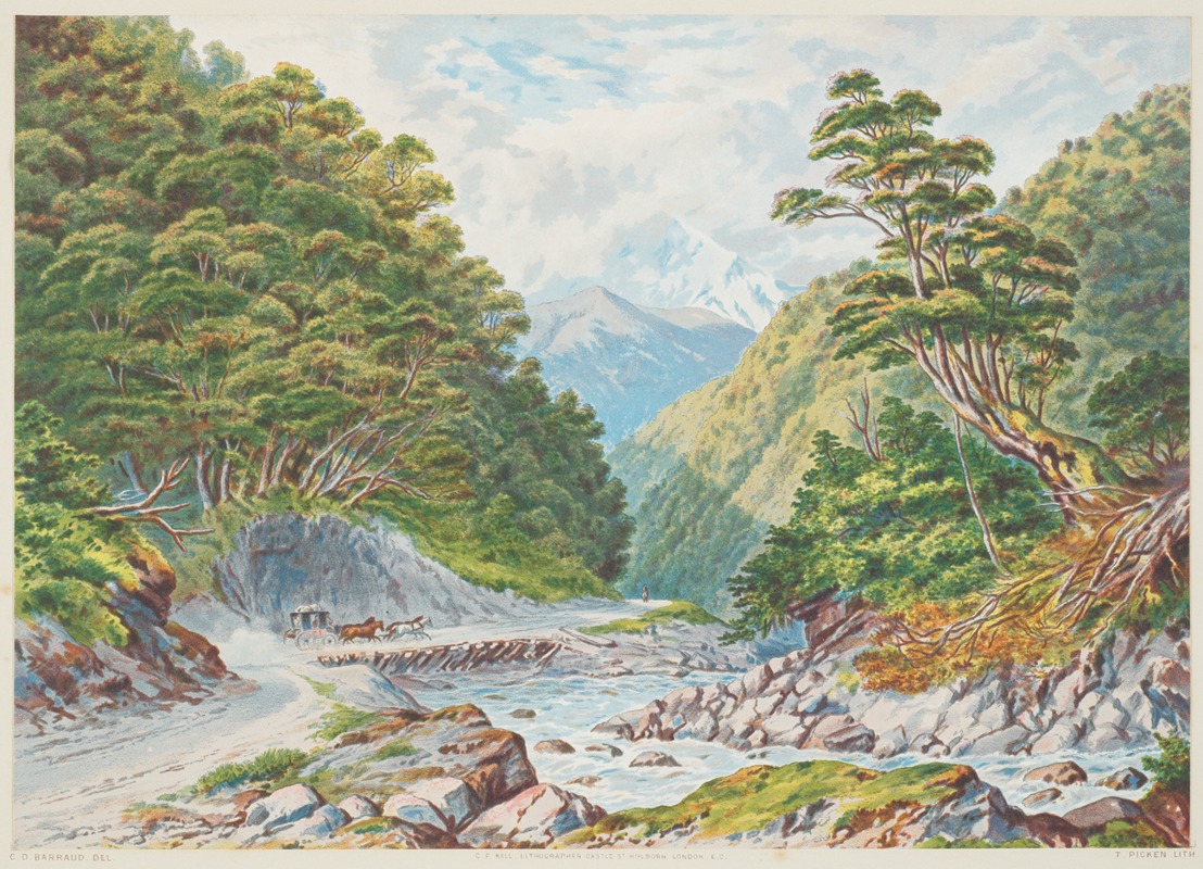 Charles Decimus Barraud - New Zealand Graphic and Descriptive. Otira Gorge, West Coast Road.