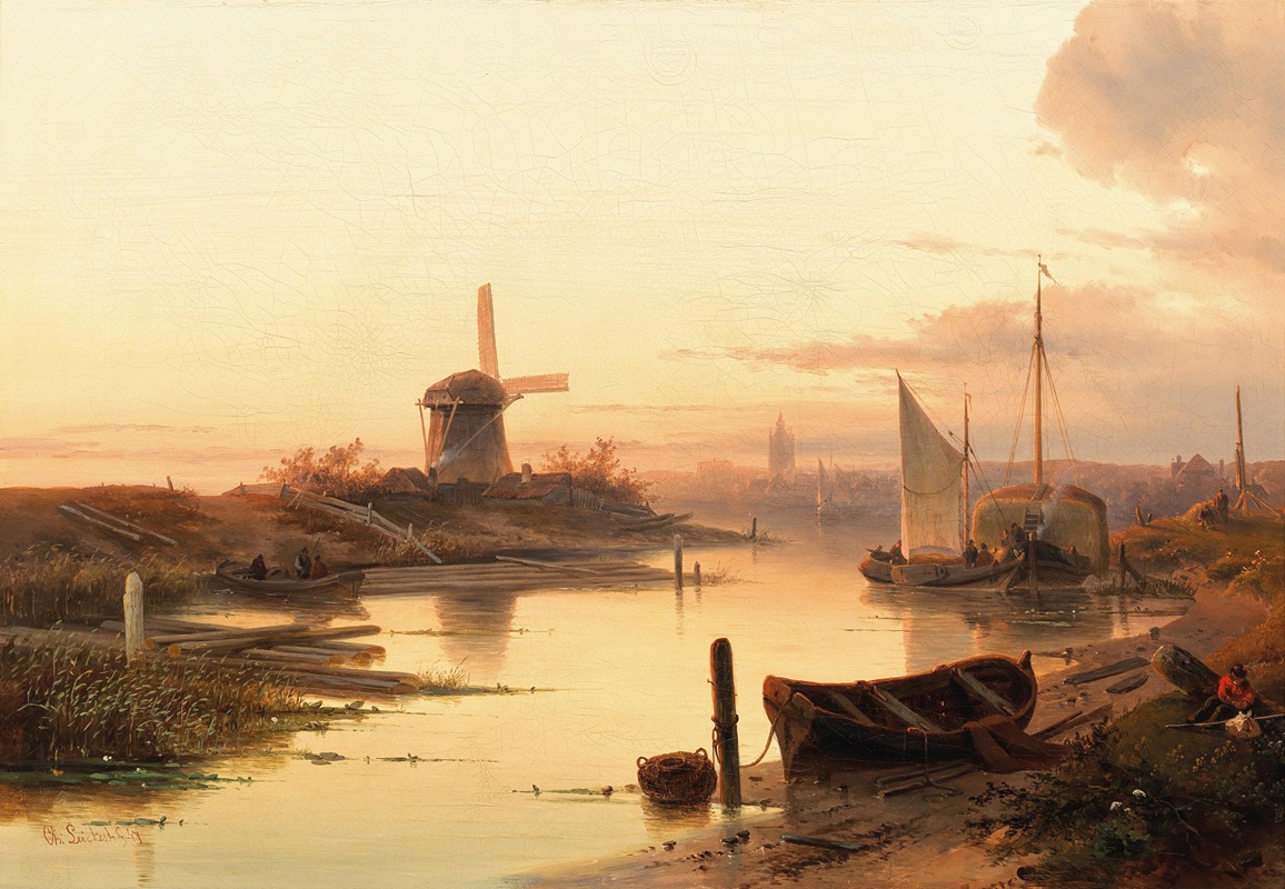Charles Leickert - Fishermen by a Canal at Dusk