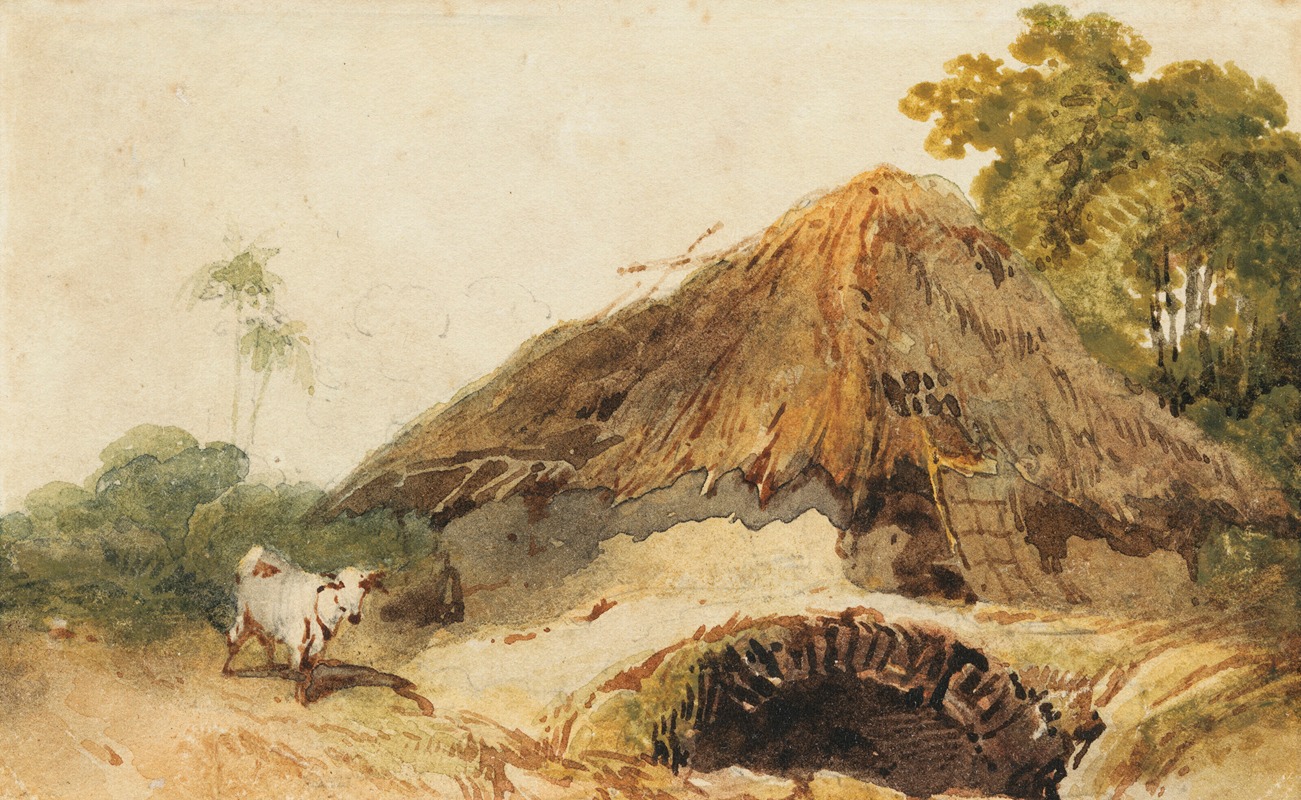 George Chinnery - A Bengal scene with a thatched dwelling and a goat beside a bridge