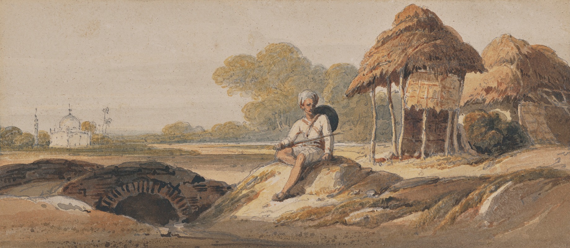 George Chinnery - Bengal landscape with a soldier and a distant shrine
