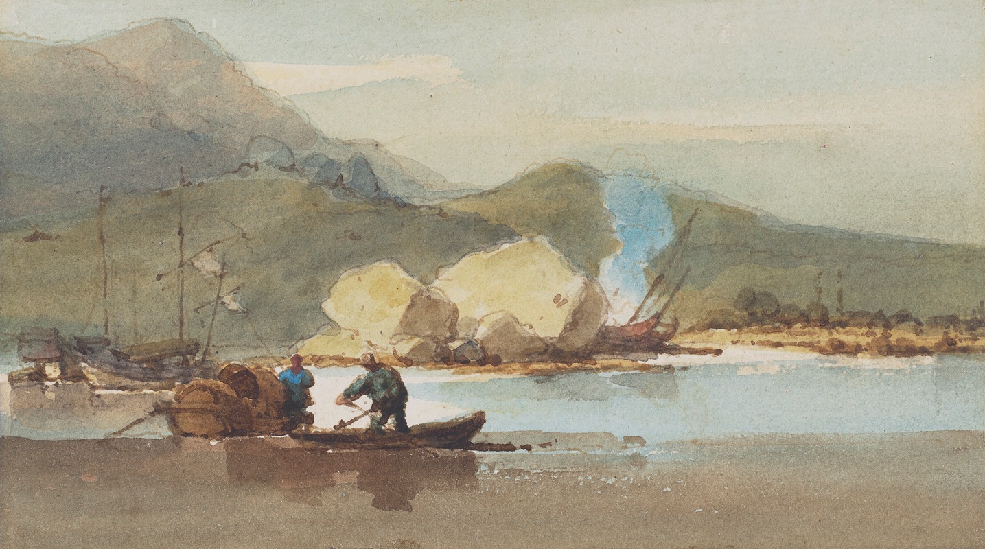 George Chinnery - Junks and Tanka boats in a bay, with a beached junk and cooking fire beyond