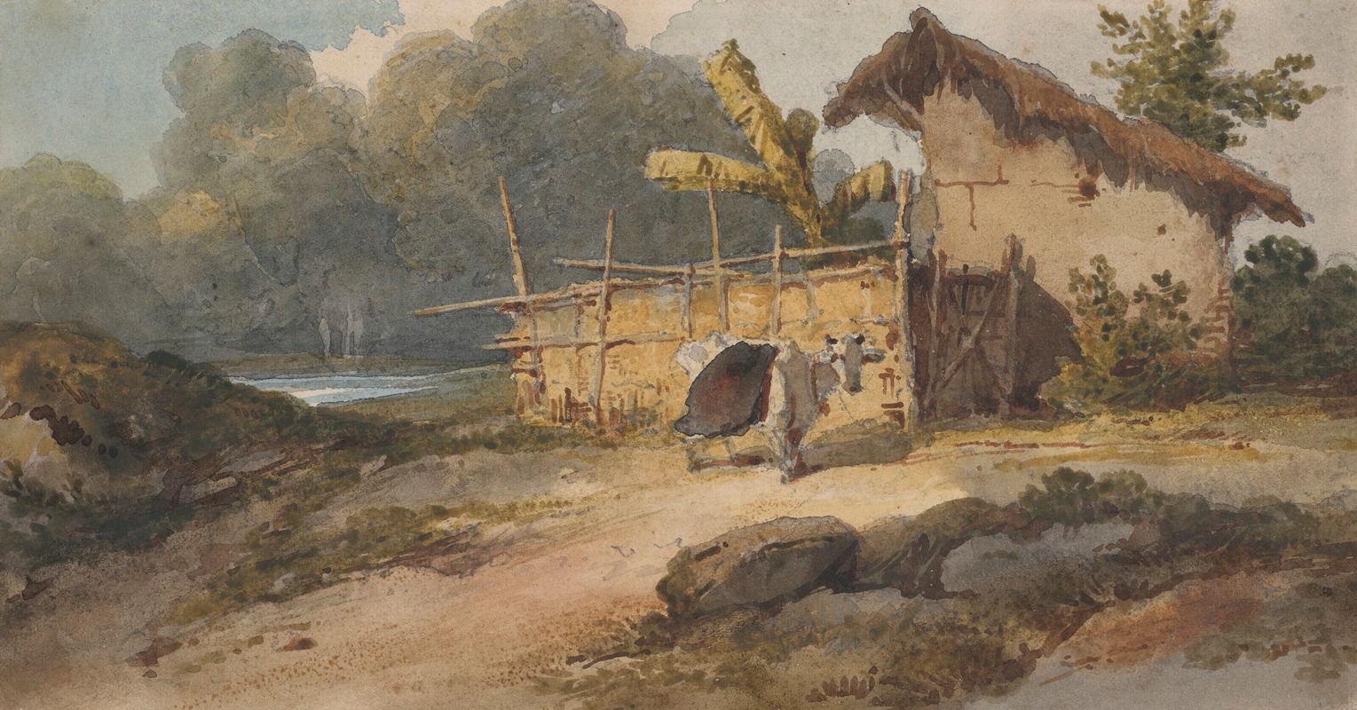 George Chinnery - A hut by a river with a cow, Bengal