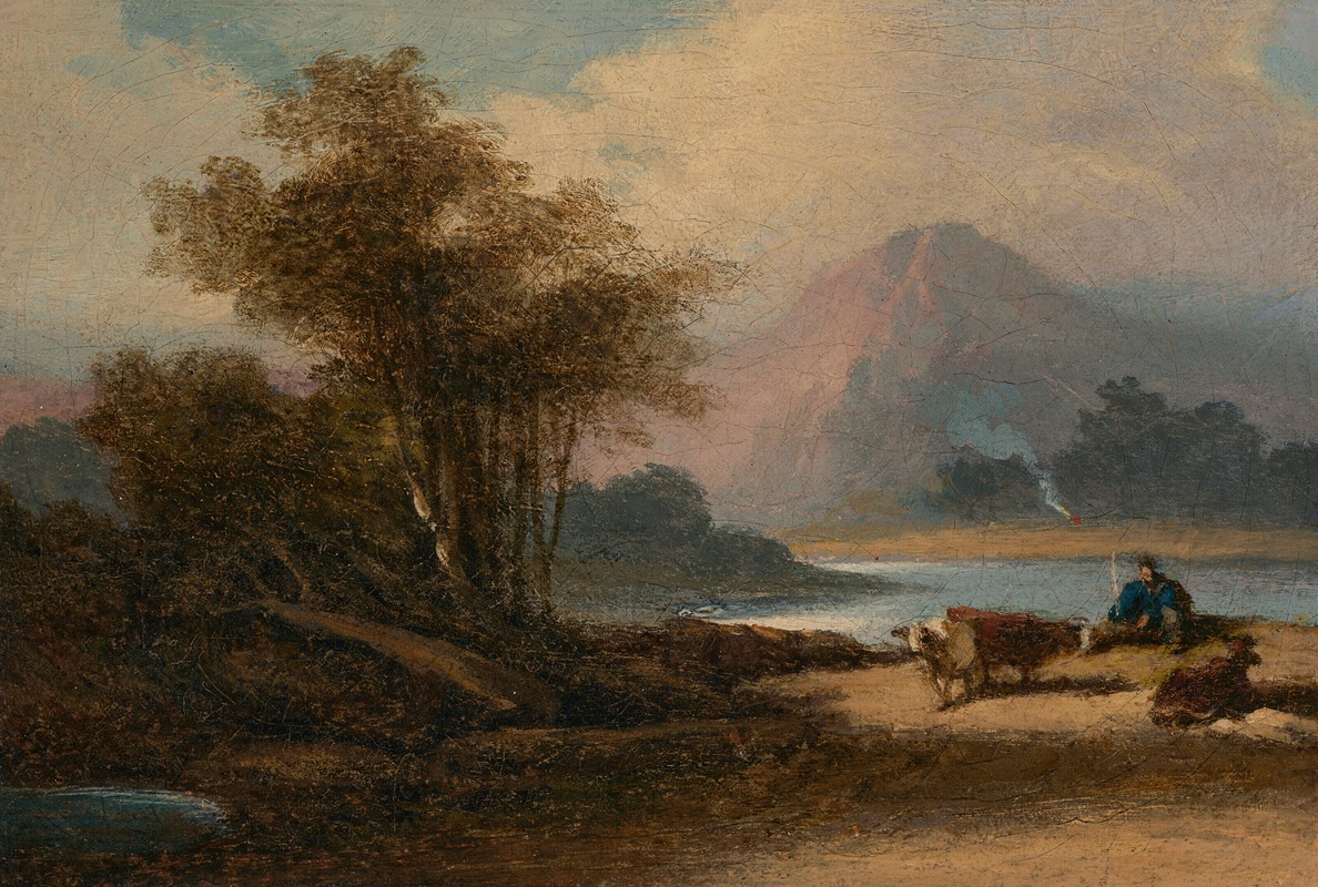 George Chinnery - A landscape in Macau with a herdsman by a lake