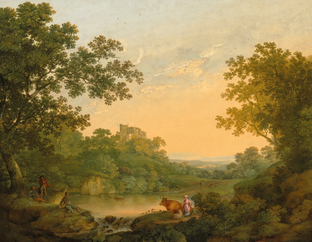 George Smith - A wooded landscape with fishermen and shepherds by a pond, a ruined castle beyond